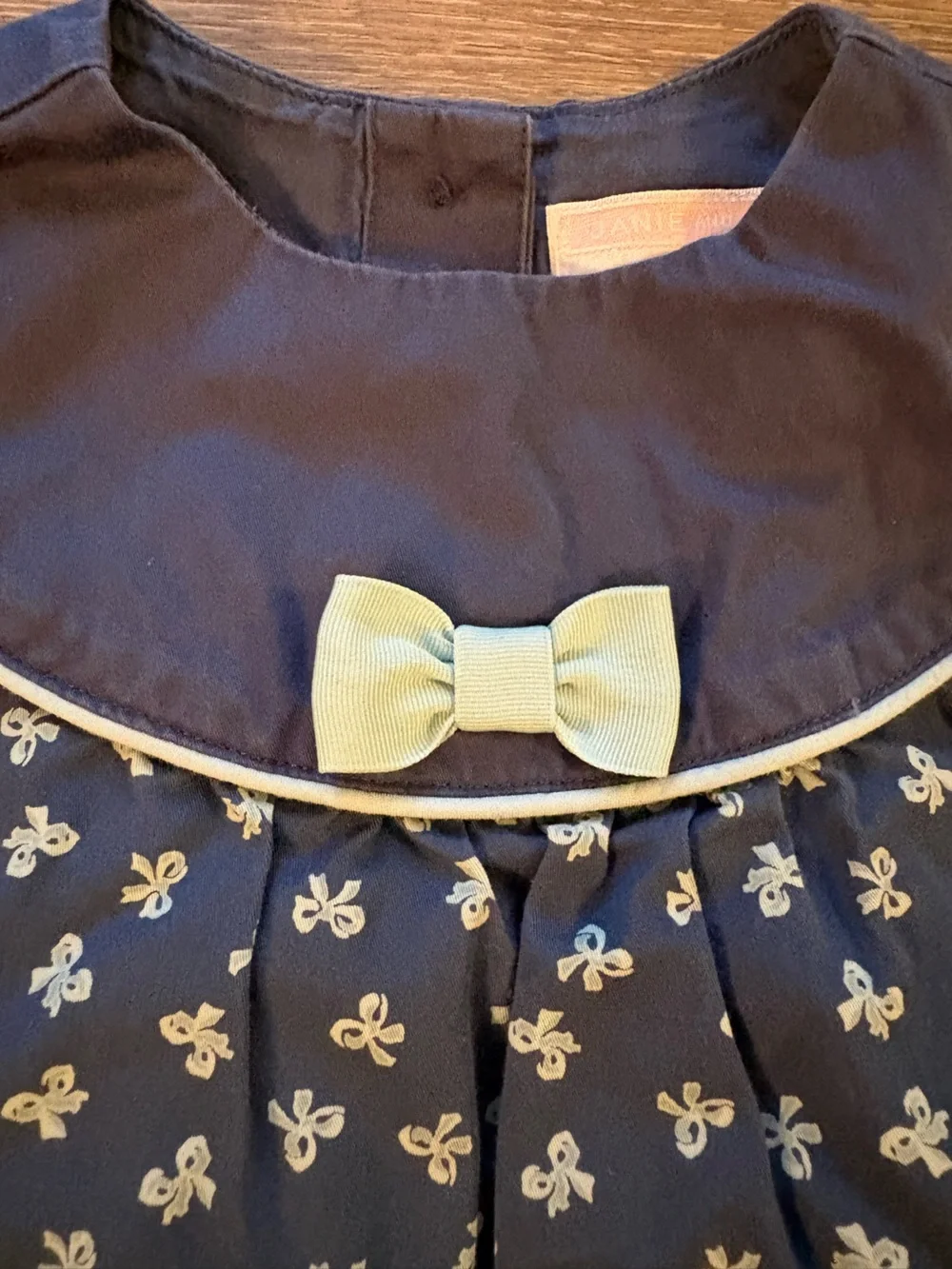 Janie and Jack Navy Dress with Light Green Bow and Floral Accents